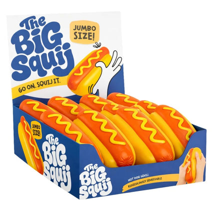 The Big Squij Hot Dog jumbo sensory squishy toy in a colorful retail display box