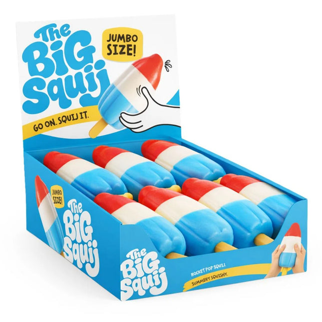 The Big Squij Rocket Pop jumbo rocket shaped squishy sensory fidget toy in red white and blue