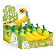 The Big Squij Banana sensory squishy toy displayed in a green box, helping families thrive with tools to calm, connect and support