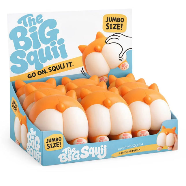 Display box filled with orange and white cat shaped squishy toys labeled The Big Squish