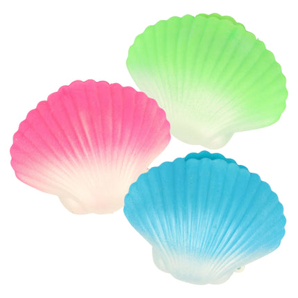 Three colorful Squishy Mermaid Bubble Shells sensory fidget toys in pink, green, and blue shades.