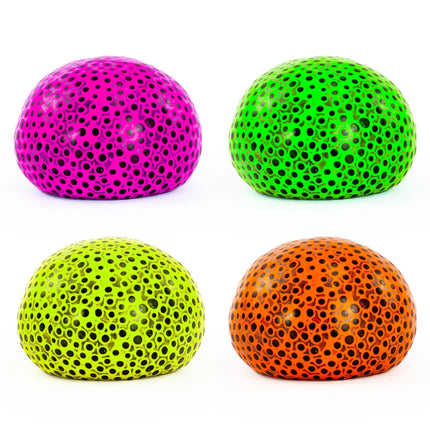 Four colorful Beadz Alive Giant Ball sensory fidgets in pink, green, yellow, and orange with black spots.