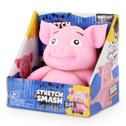 Stretch 'N Smash Pig sensory squishy toy designed for stress relief and sensory play features a cheerful pink pig.