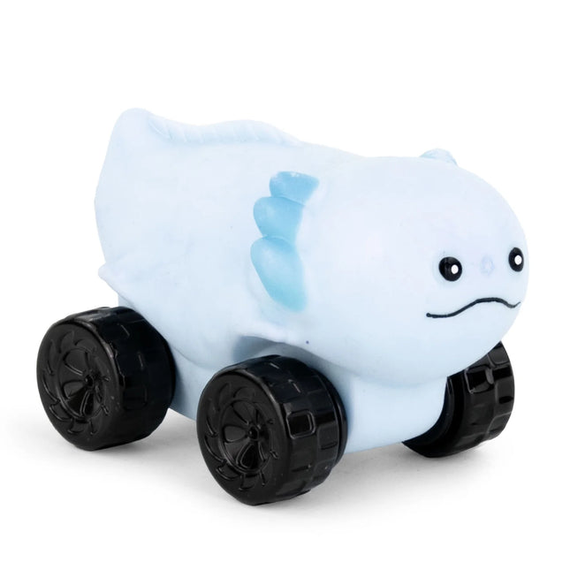 Stretch Wheels Axolotl sensory fidget toy with soft body and sturdy black wheels for calming and engaging play.