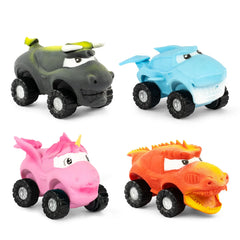 Four colorful Stretch Wheels toys shaped like animals including shark, unicorn, dinosaur, and hippo with large black wheels