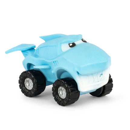 Blue toy car with large black wheels designed as sensory Stretch Wheels for children and adults