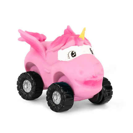 Pink unicorn-shaped toy with large black wheels designed as Stretch Wheels sensory fidget accessory