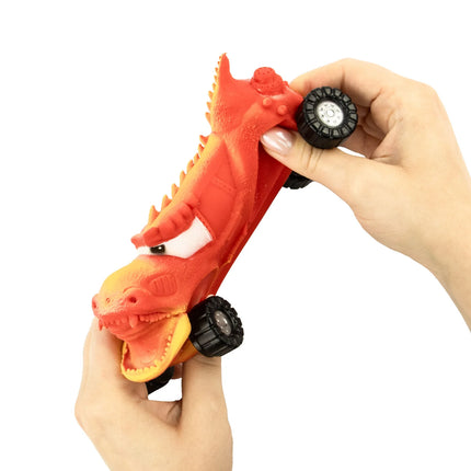 Hands stretching a red dinosaur toy with black wheels, demonstrating the flexible Stretch Wheels sensory fidget.