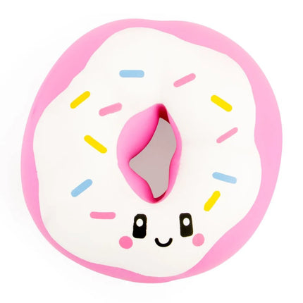 Cute pink frosted donut with colourful sprinkles and a smiling face