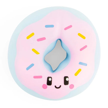 Pastel pink donut-shaped squishy with colorful sprinkles and a smiling face