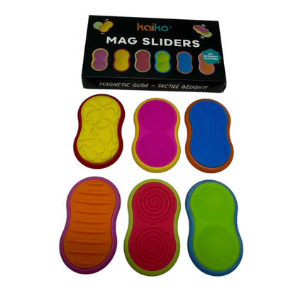 Mag Sliders - Six Interchangeable Magnetic Textured Pad Fidgets in bright colors with varied tactile patterns for sensory play.