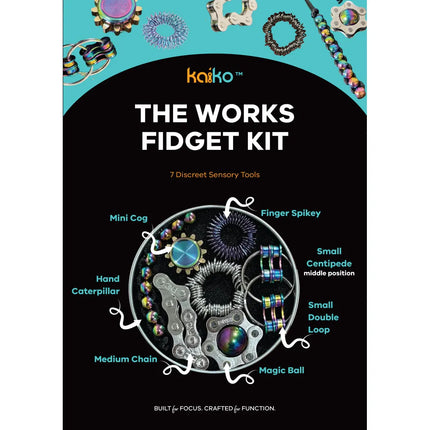 The Works Fidget Kit featuring seven discreet sensory tools arranged on a black and teal background.