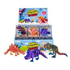 3D Dino colorful 3D printed dinosaur models in various colors displayed with packaging on a sensory product stand