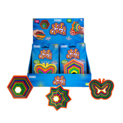 Brightly colored Flip & Clack sensory fidget toys in hexagon, star, and butterfly shapes with packaging display.