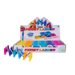 Display of colorful plastic fidget ladder arranged in a box with hands demonstrating flipping with Fidget Ladder.