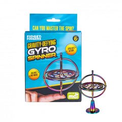 Gravity-Defying Gyro Spinner in vibrant colors balancing on a finger, helping families thrive with calm tools.