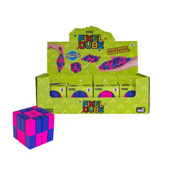 Sensory Pixel Fidget Cube in pink and blue, a fidget toy designed to calm, connect, and support families.