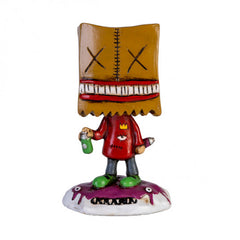 Paperbag Boogily Heads Figurine with a stitched paper bag head, red outfit, holding spray cans, standing on a purple base.
