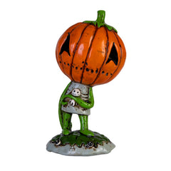 Pumkin Billy Boogily Heads Figurine with orange pumpkin head, green limbs, holding a small white skull, standing on base.