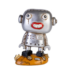 Scantron Boogily Heads Figurine with a silver robot design standing on an orange base, helping families thrive.