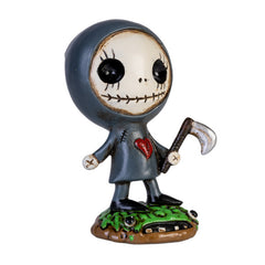 Small whimsical Skull Gnome Boogily Heads Figurine holding scythe, standing on a green creature base.