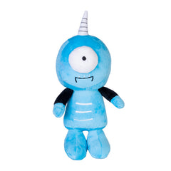 Cricker the Boogily Heads Plush in blue with one eye and a striped horn, designed to calm and support families.