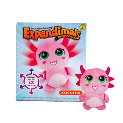 Axolotl Expandimal Plush toy with bright pink colors and large green eyes beside its packaging box