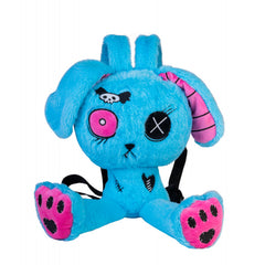 Numb Bunny Gooli Bag Backpack in bright blue plush with pink accents, designed to calm, connect and support families.
