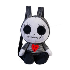 Skull Gnome Gooli Bag Backpack plush with stitched heart, black eyes, and sensory-friendly soft texture for calm and comfort.