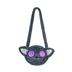 Grey Skellbo Gooli Bag with soft plush texture, purple eyes, and long strap, helping families thrive with tools to calm.
