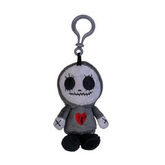 Gus Fink Skull Gnome Keychain Plush in grey with black stitched face and red heart on chest, soft sensory toy accessory