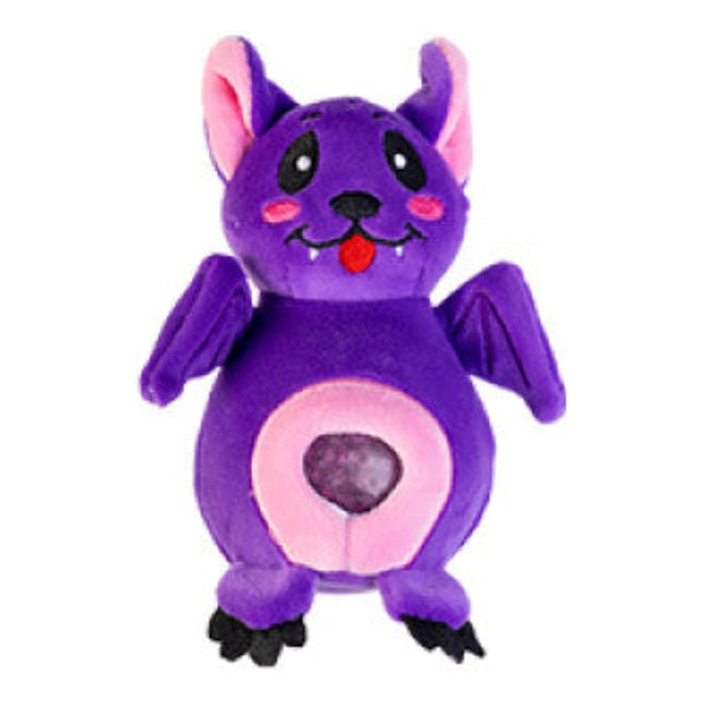 Jellyroos Halloween purple bat plush toy with pink ears and belly, designed to calm, connect and support.