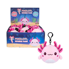 Axolotl Plush Keychain in pink with clip, displayed in a sensory toy box, helping families thrive with support.