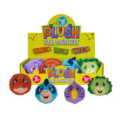 Dino Plush Bouncing Ball colorful soft animal face balls displayed in box for bouncing, tossing, and squeezing play.