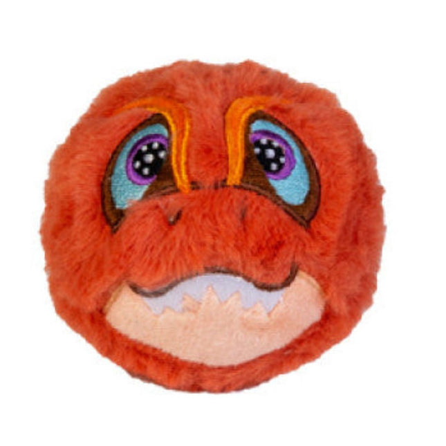 Dino Plush Bouncing Ball with soft orange fur and colorful embroidered dinosaur face for sensory play and fun.