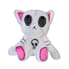 White Hypnocat Plushie Pal with black swirl eyes, pink ears and feet, soft sensory toy for calming support.