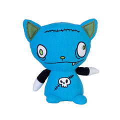 Durr the Stitch Kitty Plush in bright blue with stitched details and a skull patch, helping families thrive with tools to calm, connect and support