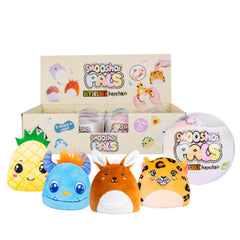 Reversible Smooshos Pal Keychain plush fidgets in pineapple, blue monster, brown bunny, and tiger helping families thrive.