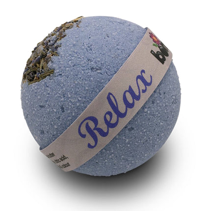 Relax Lavender Oil Bath Bomb in soft purple with dried lavender, helping families thrive with tools to calm, connect and support