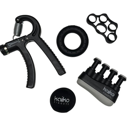 5 Piece Hand Grip Set by Kaiko - for Regulation and Improved Function with varied black grip tools on white background
