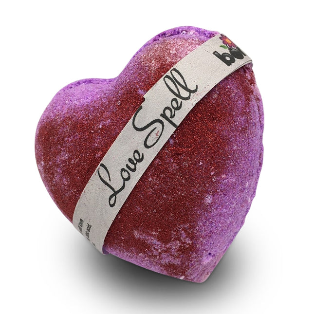 Love Spell Bubble Bath Bomb with Glitter in a heart shape, designed to calm, connect and support families.