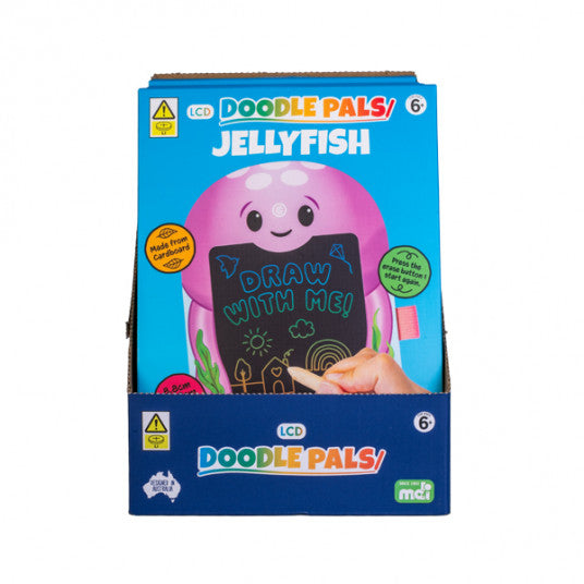 Jellyfish Doodle Pals sensory drawing toy in bright packaging with a child’s hand sketching on the screen