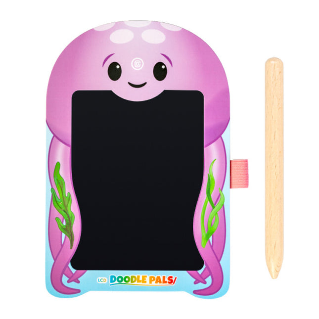 Jellyfish Doodle Pals LCD drawing board with wooden stylus, designed for sensory play and creativity.