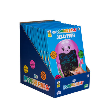 Display box of Jellyfish Doodle Pals with blue packaging featuring a purple jellyfish and black doodle screen for kids ages 6+