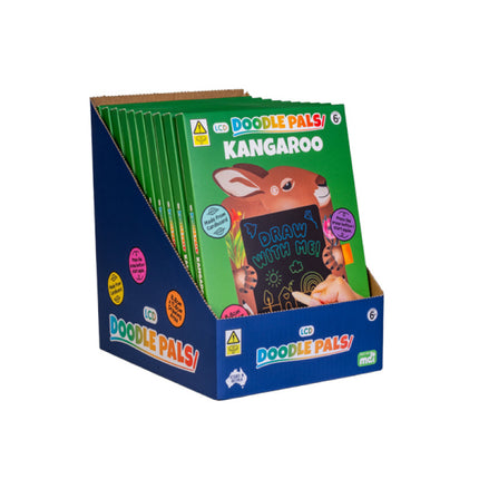 Kangaroo Doodle Pals sensory drawing pads in colorful packaging displayed in blue branded box for kids.