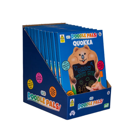 Quokka Doodle Pals sensory drawing tablets in blue packaging, displayed in a blue cardboard stand