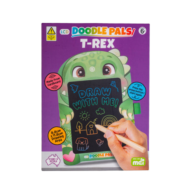 T-Rex Doodle Pals LCD drawing pad with dinosaur design, reusable screen, and included stylus for creative play.