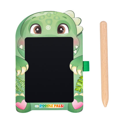 T-Rex Doodle Pals LCD drawing board shaped like a green dinosaur with wooden stylus for creative play and sensory use