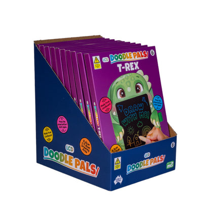 T-Rex Doodle Pals sensory drawing toys in a colorful display box with dinosaur character on packaging