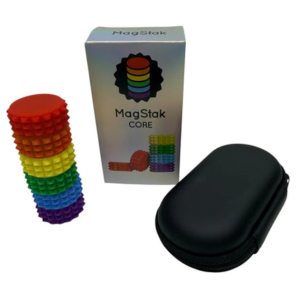MagStak Core - Textured colorful stacked fidget toy with box and black zippered carrying case for sensory use